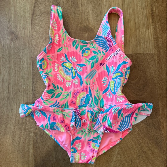 Beach Lingo 2T Pink and Green One Piece Swimwear with Tropical Print - Picture 1 of 4